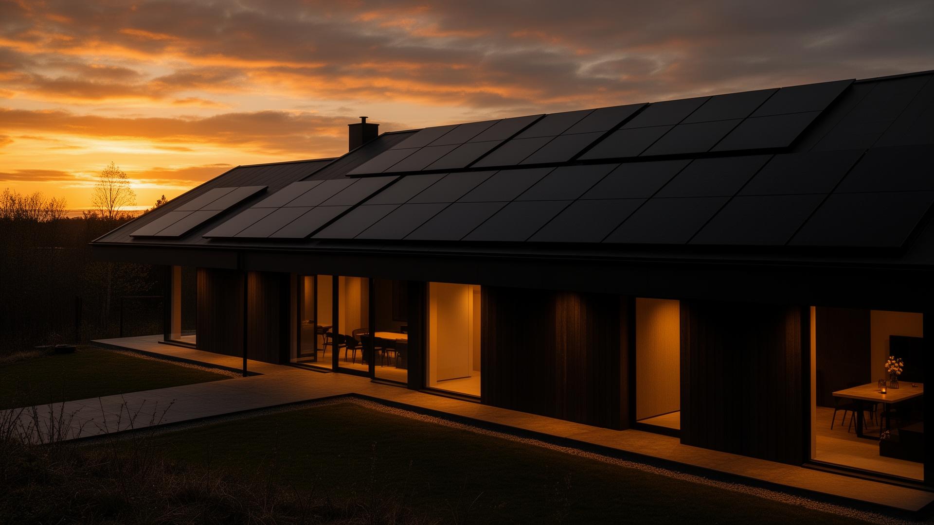 Moderne dansk villa med integrerede sorte solceller i solnedgang